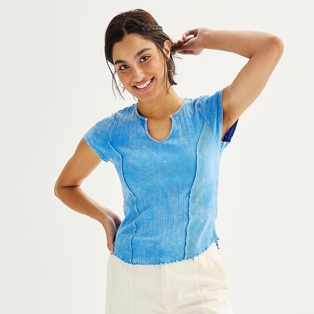 Rewind Blue Faded Ribbed Short Sleeve Top Size Large